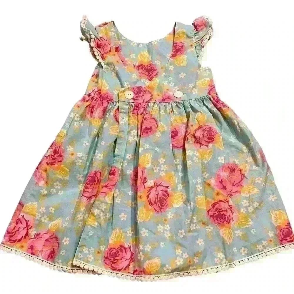 Kelly’s Kids Floral Dress Size 3 - 4 Aqua Pink Lace Boutique Summer Spring NWOT
